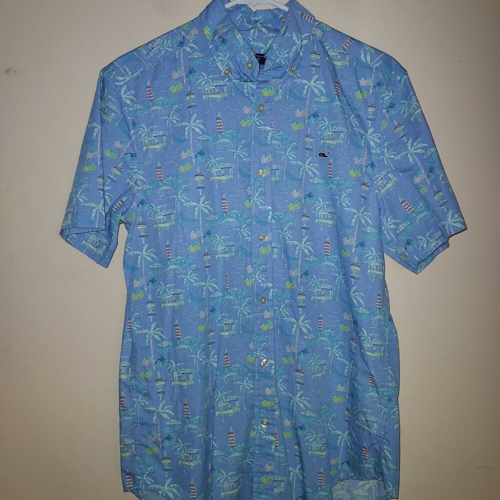 Vineyard Vines Men's Whale Shirt Small Short Sleeve Palm Trees Lighthouses Blue